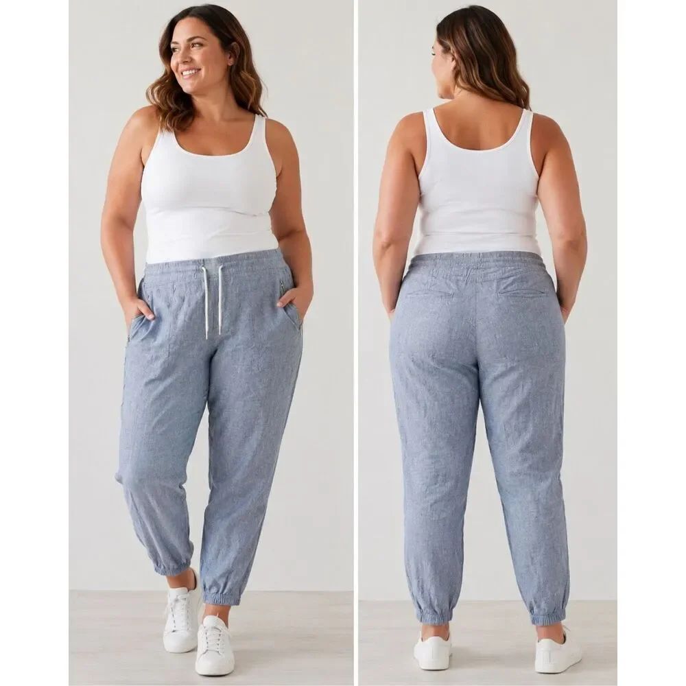 Athleta Cabo Linen Tapered Jogger Baby Blue Straight leg Size 16 #786